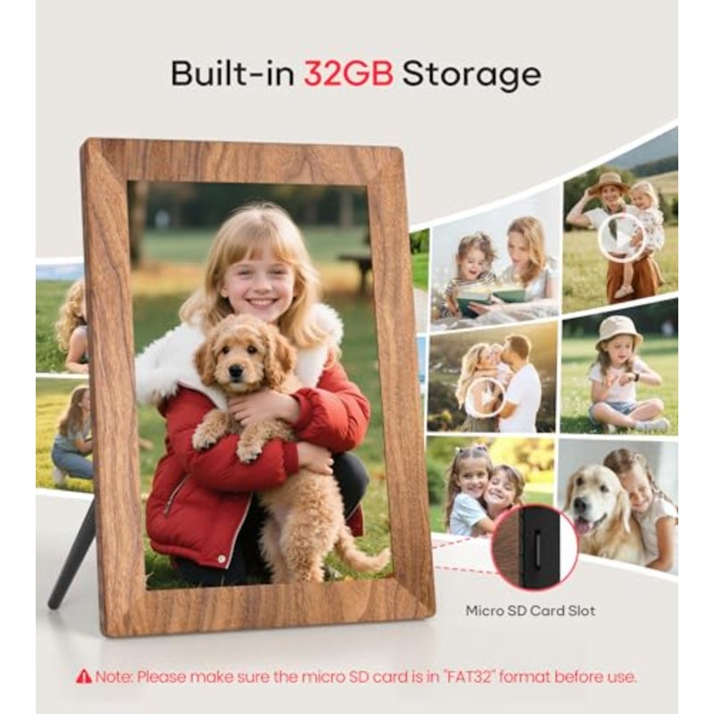 إطار صورة رقمي Frameo 10.1، وحدة واحدة، لعرض المنزل/المكتب، لمسة نهائية من الخشب، شاشة لمس IPS عالية الدقة 1280 × 800 مع عرض شرائح يدور تلقائيًا، قابل للتركيب على الحائط، مشاركة الصور/الفيديو عن بعد، ذاكرة مدمجة 32 جيجابايت، تدعم شبكة WiFi، لون جوز دافئ، تصميم بسيط وأنيق - Image 3