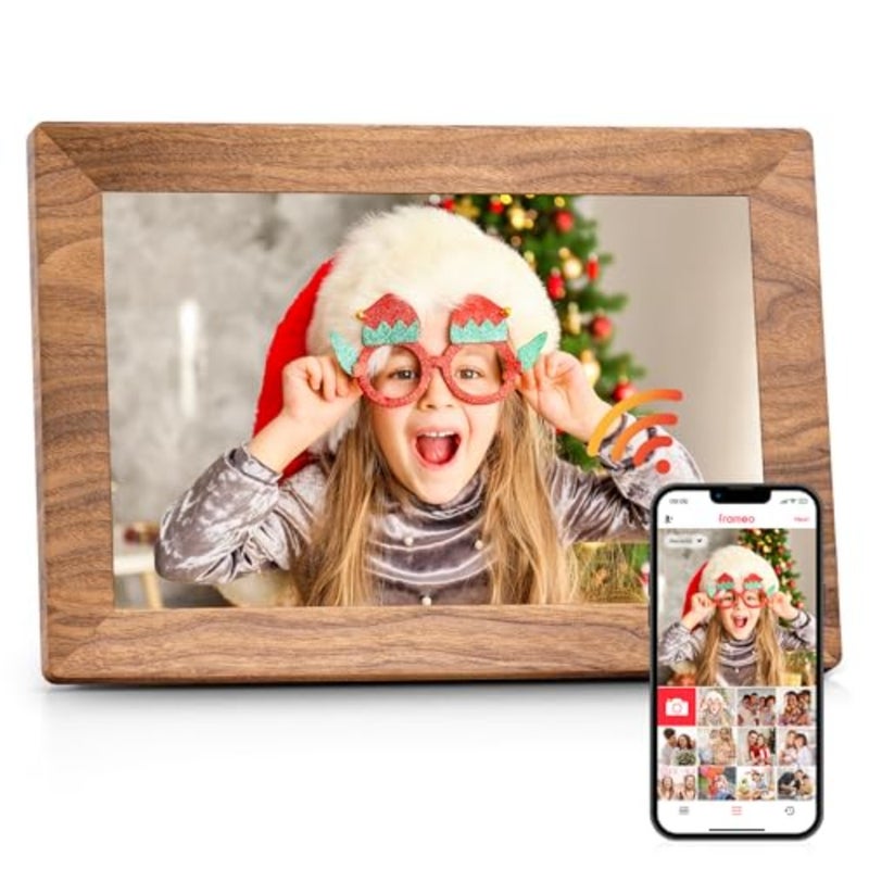 إطار صورة رقمي Frameo 10.1، وحدة واحدة، لعرض المنزل/المكتب، لمسة نهائية من الخشب، شاشة لمس IPS عالية الدقة 1280 × 800 مع عرض شرائح يدور تلقائيًا، قابل للتركيب على الحائط، مشاركة الصور/الفيديو عن بعد، ذاكرة مدمجة 32 جيجابايت، تدعم شبكة WiFi، لون جوز دافئ، تصميم بسيط وأنيق - Image 1
