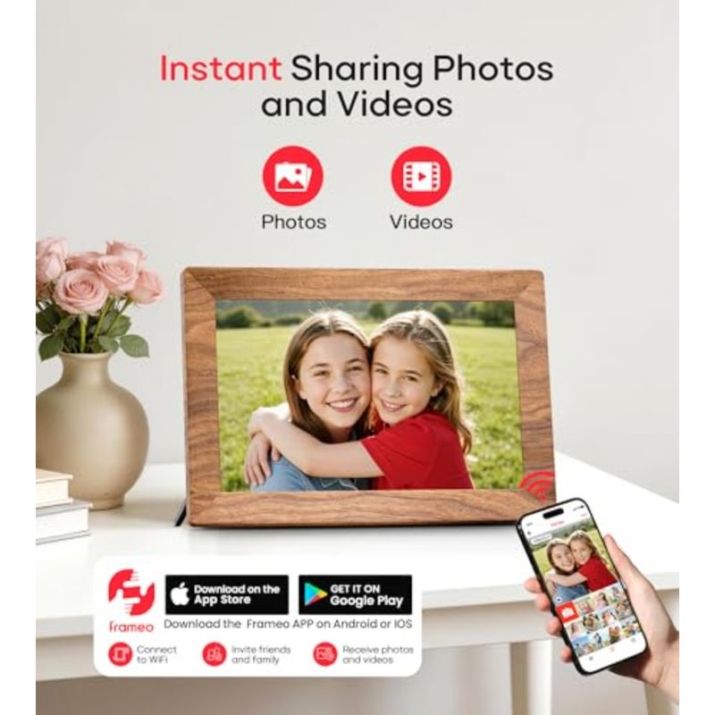 إطار صورة رقمي Frameo 10.1، وحدة واحدة، لعرض المنزل/المكتب، لمسة نهائية من الخشب، شاشة لمس IPS عالية الدقة 1280 × 800 مع عرض شرائح يدور تلقائيًا، قابل للتركيب على الحائط، مشاركة الصور/الفيديو عن بعد، ذاكرة مدمجة 32 جيجابايت، تدعم شبكة WiFi، لون جوز دافئ، تصميم بسيط وأنيق - Image 2