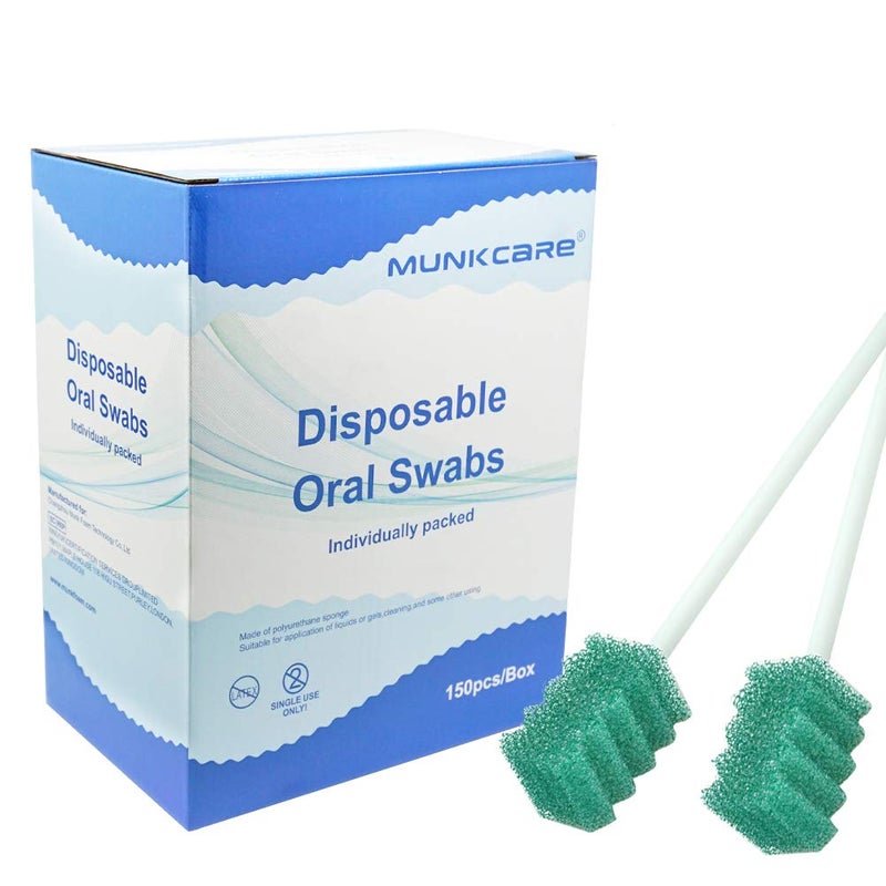 MUNKCARE Disposable Dentifrice Treated Oral Care Sponge Swabs Individual Wrapped 150 Counts Dark Green - Image 1