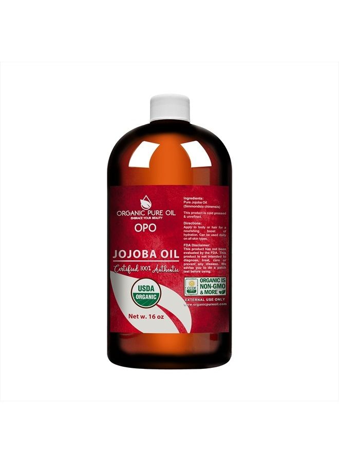OPO Organic Jojoba Oil - USDA Certified Organic 100% Pure Unrefined Virgin Cold Pressed Natural Bulk 16 oz Golden Hohoba Carrier Oil Moisturizer Skin Face Hair Body Massage Makeup Packaging May Vary - Image 2