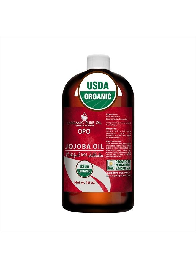 OPO Organic Jojoba Oil - USDA Certified Organic 100% Pure Unrefined Virgin Cold Pressed Natural Bulk 16 oz Golden Hohoba Carrier Oil Moisturizer Skin Face Hair Body Massage Makeup Packaging May Vary - Image 1
