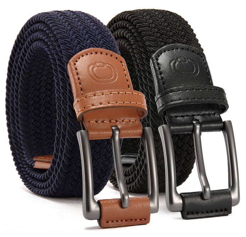 CHAOREN Stretch Belts for Men 2Pack - 1 3/8" Men Elastic Braided Golf Belt - Woven Web Fit Summer Casual Jeans, 2pack-black/Antique Blue, 30"-34"Waist Adjustable - Image 1