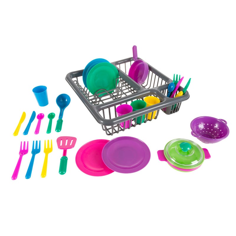 Hey Play Kids Play Dish Set 27 Piece Tableware Dish Set with Drainer for Kitchen Playset and Pretend Food Toys for Boys and Girls - Image 3