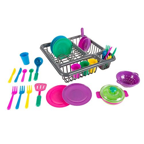 Hey Play Kids Play Dish Set 27 Piece Tableware Dish Set with Drainer for Kitchen Playset and Pretend Food Toys for Boys and Girls - Image 1