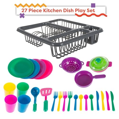 Hey Play Kids Play Dish Set 27 Piece Tableware Dish Set with Drainer for Kitchen Playset and Pretend Food Toys for Boys and Girls - Image 5