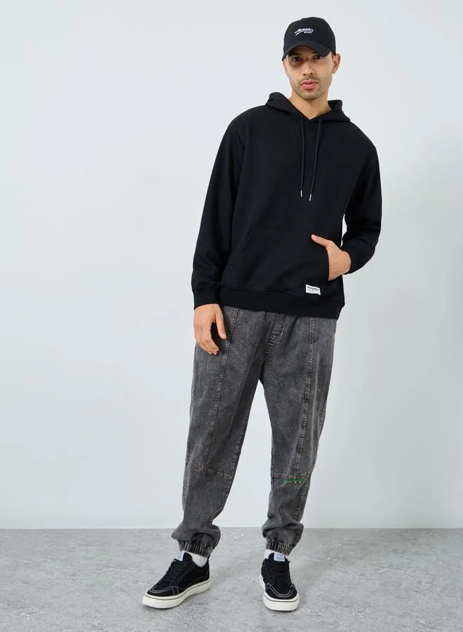 Styli Styli Black Fine Ribbed Oversized Hoodie