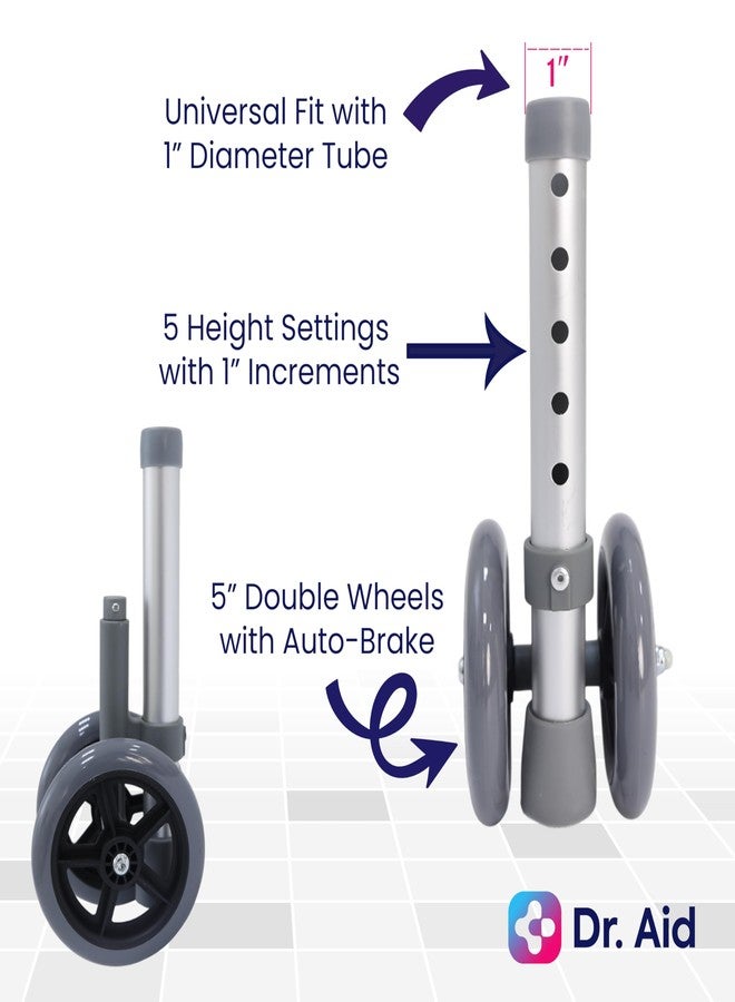 Dr. Aid Premium Auto Brake Walker Wheels - Replacement Wheel for Walkers, 5" Double Wheels with 5 Height Adjustments - Easy Installation, Pack of 2 - Image 5