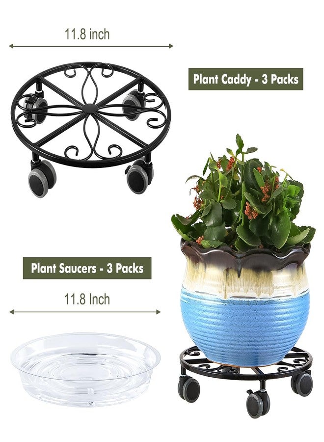 Planterhoma حامل نباتات معدني متين من Planterhoma، عبوة من 3 قطع، مزود بعجلات، مقاس 11.8 بوصة، مناسب للاستخدام الداخلي والخارجي (3 قطع، أسود) - Image 3