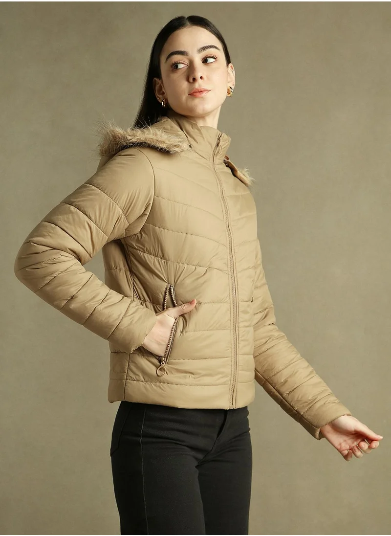 Dennis Lingo Women's Beige 100% Polyester Solid Regular Fit Jacket