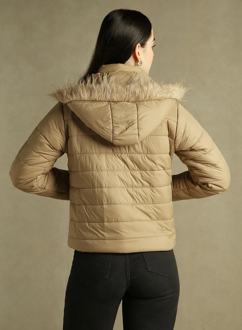 Dennis Lingo Women's Beige 100% Polyester Solid Regular Fit Jacket