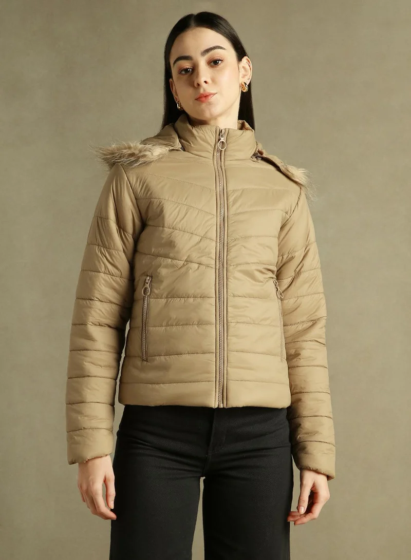 Dennis Lingo Women's Beige 100% Polyester Solid Regular Fit Jacket