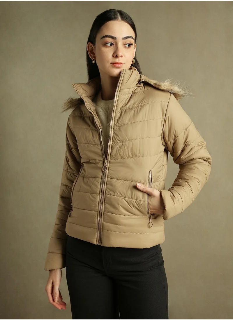 Dennis Lingo Women's Beige 100% Polyester Solid Regular Fit Jacket
