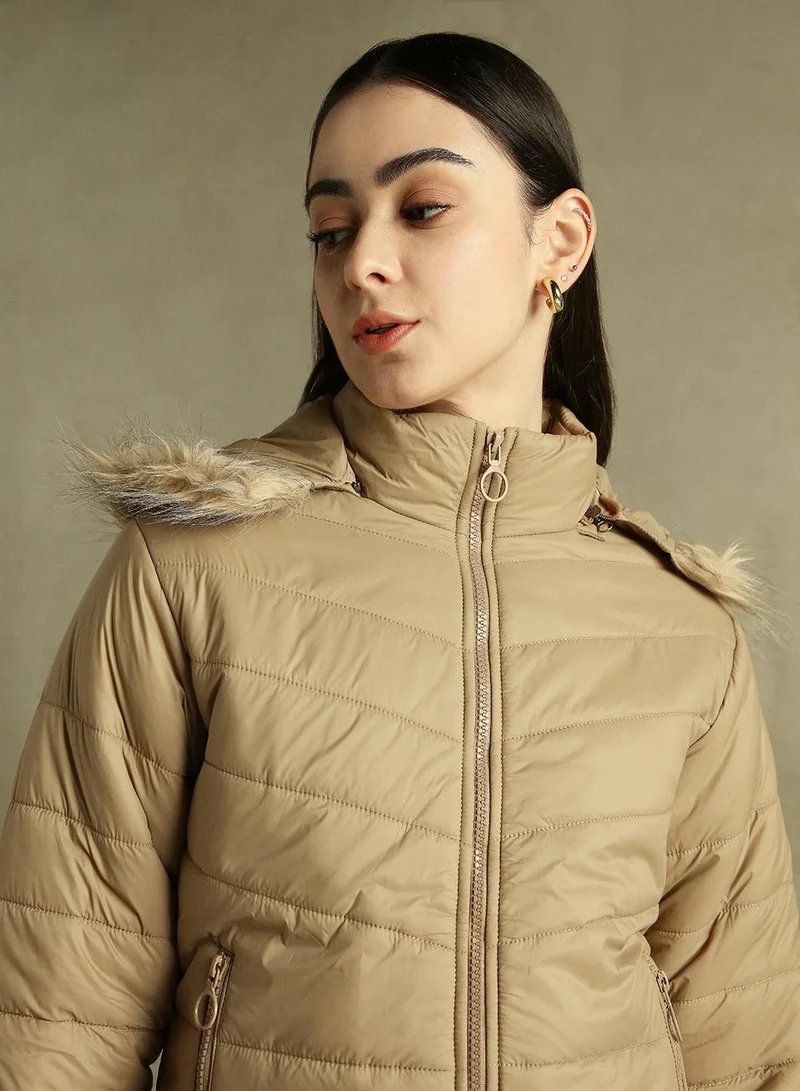 Dennis Lingo Women's Beige 100% Polyester Solid Regular Fit Jacket