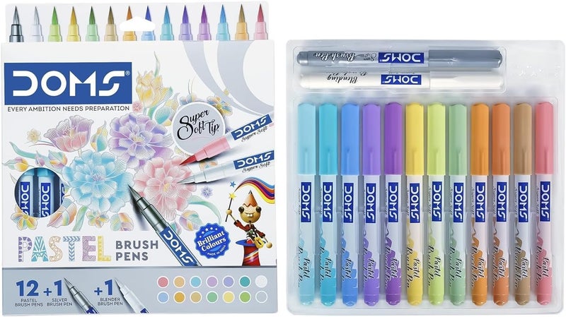 DOMS Super Soft Tip Pastel Shades Brush Pen Set 12 Pastel Shades + 1 Silver Shade + 1 Blender Ideal For Doodling, Illustrations, Calligraphy, Artists, Students & Professionals Pack Of 1 - Image 2