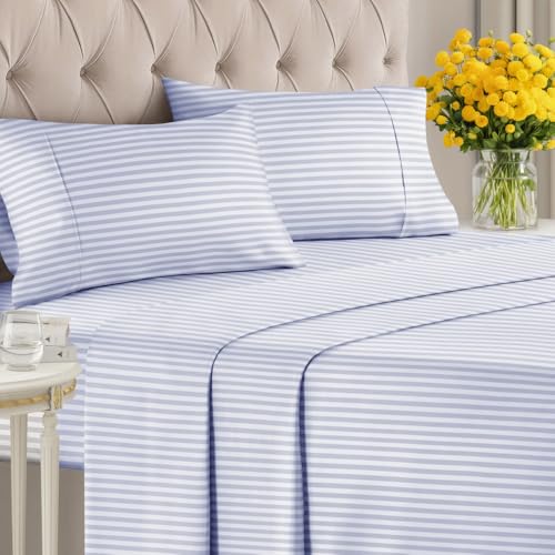 CGK Unlimited Sky Blue and White Striped Sheets 1 Flat 1 Fitted Sheet 2 Pillowcases w Deep Pockets Comfy Wrinkle Fade Free Soft Breathable and Cooling Pinstripe Patterned Bedding Queen Size - Image 3