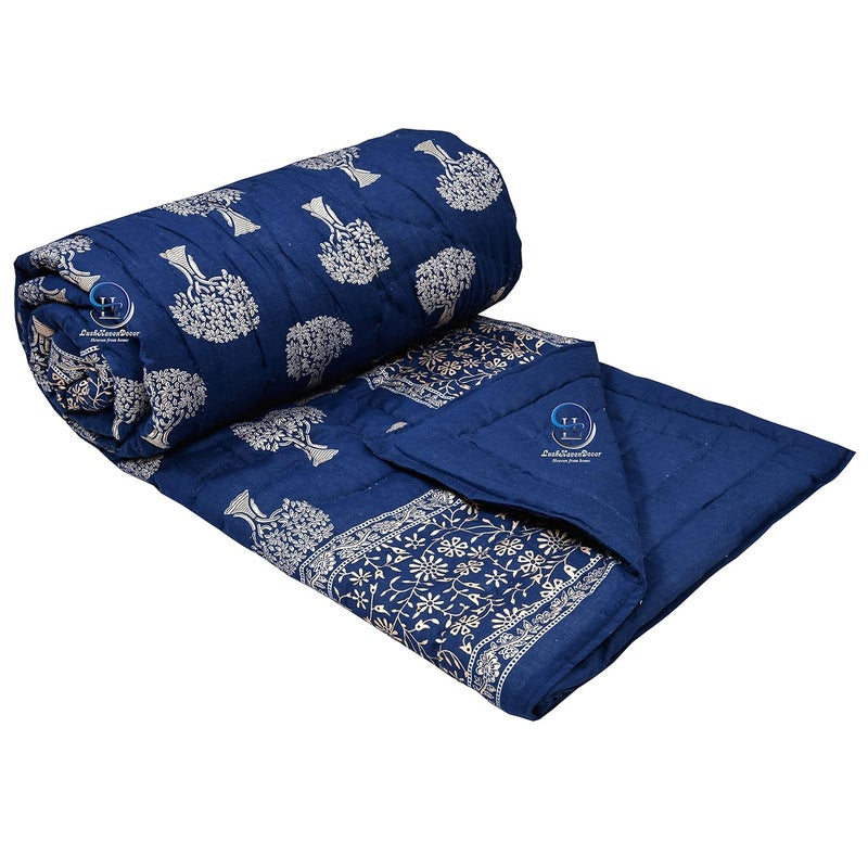 THROWS HOME DECOR أغطية ديكور المنزل 400 TC جايفوري راجستاني تقليدي خفيف الوزن من القطن  لحاف سرير مفرد ناعم جايفوري لحاف شتوي مزخرف بطبعة زهور باللون الأزرق بحجم 55 × 85 بوصة مع مجموعة من 1 - Image 1