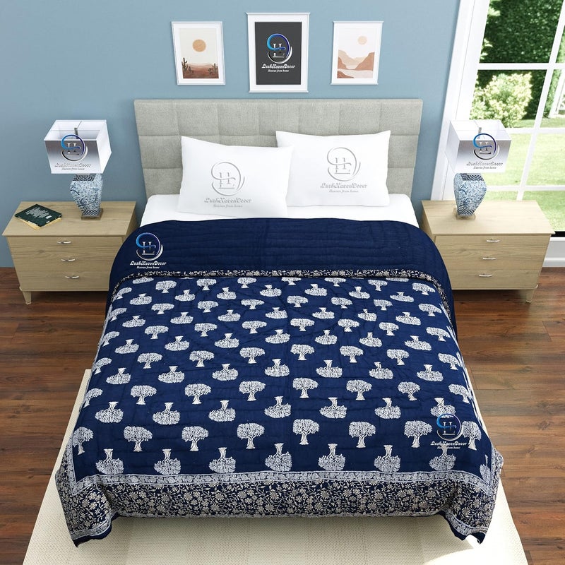 THROWS HOME DECOR أغطية ديكور المنزل 400 TC جايفوري راجستاني تقليدي خفيف الوزن من القطن  لحاف سرير مفرد ناعم جايفوري لحاف شتوي مزخرف بطبعة زهور باللون الأزرق بحجم 55 × 85 بوصة مع مجموعة من 1 - Image 4