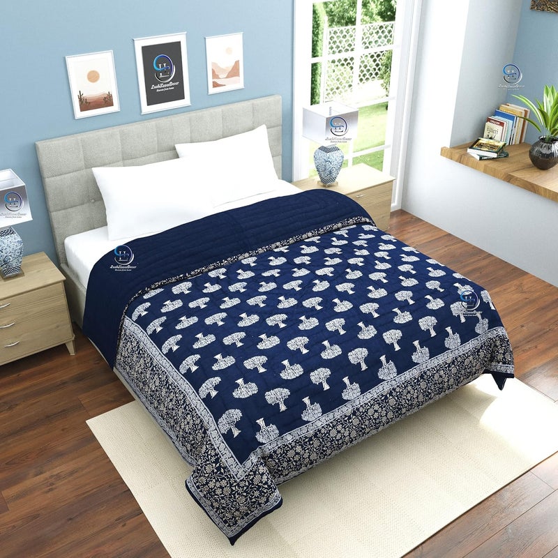 THROWS HOME DECOR أغطية ديكور المنزل 400 TC جايفوري راجستاني تقليدي خفيف الوزن من القطن  لحاف سرير مفرد ناعم جايفوري لحاف شتوي مزخرف بطبعة زهور باللون الأزرق بحجم 55 × 85 بوصة مع مجموعة من 1 - Image 3