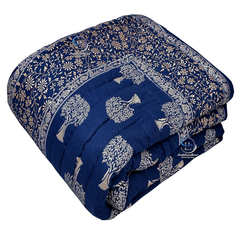THROWS HOME DECOR أغطية ديكور المنزل 400 TC جايفوري راجستاني تقليدي خفيف الوزن من القطن  لحاف سرير مفرد ناعم جايفوري لحاف شتوي مزخرف بطبعة زهور باللون الأزرق بحجم 55 × 85 بوصة مع مجموعة من 1 - Image 5