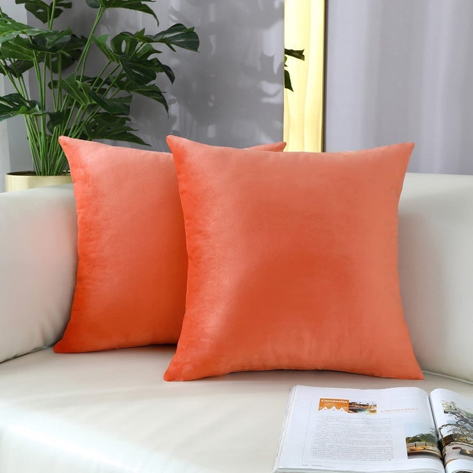 COMFY PEACH CORAL THROW PILLOW COVERS DECORATIVE SQUARE SOLID VELVET SUPER SOFT CUSHION CASES HOME DECOR FOR SOFA COUCH SET OF 2 18 X 18 INCH