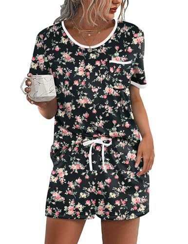 Ekouaer Pajama Set for Women 2 Piece Lounge Set Short Sleeve Tops and Shorts Soft Sleepwear, Chest Pocket - Image 1
