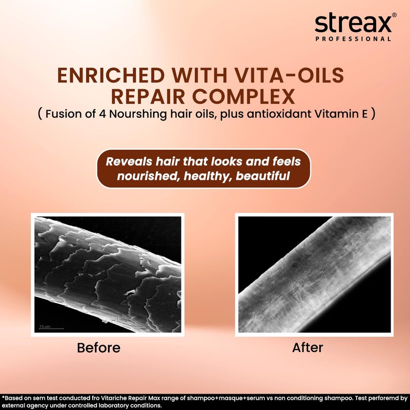 Streax Professional سيروم الشعر ستريكس بروفيشينال فيتاريش كير ريبير ماكس للنساء والرجال إصلاح مكثف وتجديد للشعر الجاف والتالف يمنح الشعر تغذية وصحة أفضل سيروم نمو الشعر للرجال 100 مل - Image 4