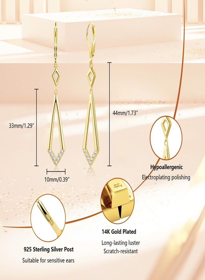 ALEXCRAFT Long 925 Sterling Silver Dangle Earrings, Hypoallergenic 14k Gold Plated Long Geometric Rhombus Dangling Drop Earrings for Women Trendy Elegant Lightweight French Hook Leverback Earring - Image 2