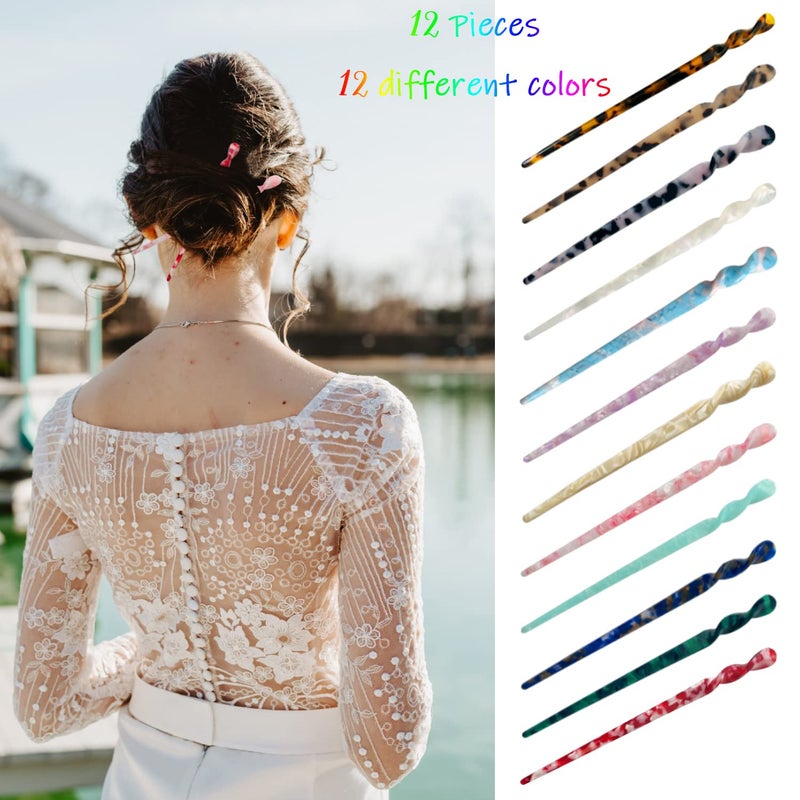 Olawyrae 12 Pieces Acetate Hair Sticks Tortoise Shell Hairpin Leopard Shell Hair Pins Chinese Hair Sticks for buns Hair Styling Accessories Hair Chopsticks for Women Girls,12 Style Not Repeating Pattern - Image 2