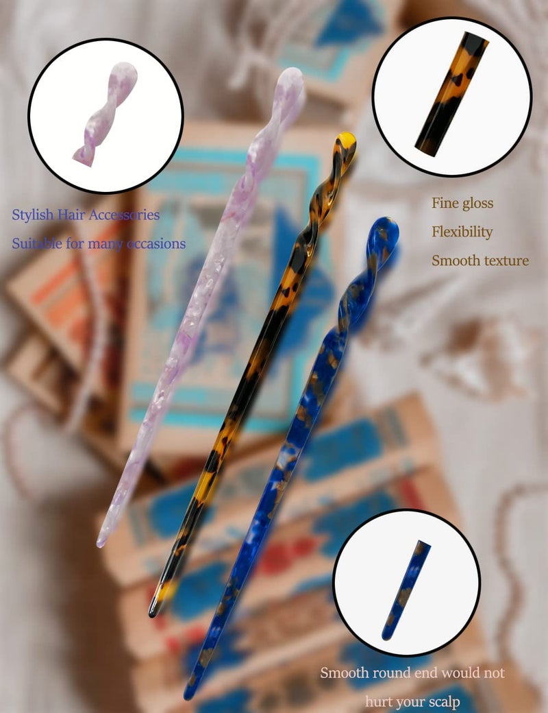 Olawyrae 12 Pieces Acetate Hair Sticks Tortoise Shell Hairpin Leopard Shell Hair Pins Chinese Hair Sticks for buns Hair Styling Accessories Hair Chopsticks for Women Girls,12 Style Not Repeating Pattern - Image 4