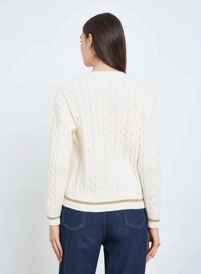 تايك تو سويتر سادة محبوك بكابل بأكمام طويلة