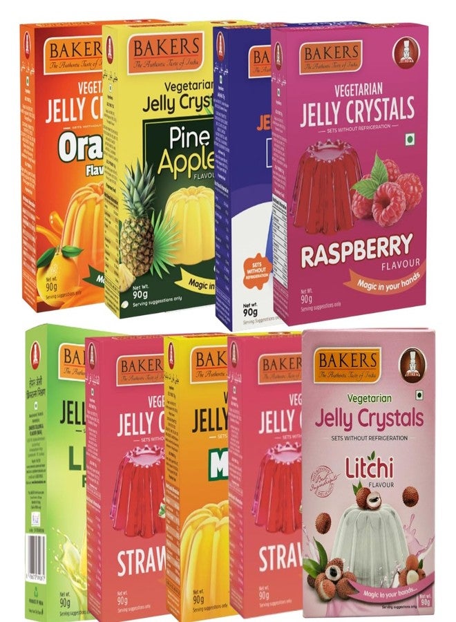 BAKERS Jelly Crystals | All Flavour | 100% Vegetarian | Easy to Make | Instant tasty dessert | Authentic Flavors Pack of 9 (90 gm x 9) - Image 1