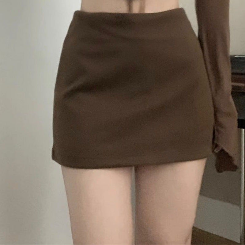 2024 Summer Little Hot Girl Pure Desire Sweet and Spicy Brown Long Sleeve Top Short Skirt Light Mature Two-Piece Suit Light brown light brown skirt