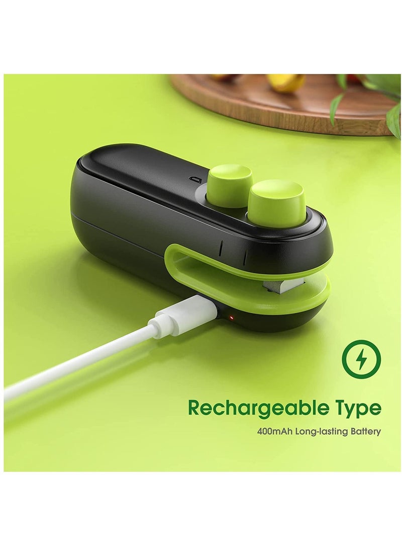 Mini Bag Sealer 2 in 1 Heat For Snacks Rechargeable Handheld Plastic Resealer, Vacuum Sealing Machine Portable Keep Food Chips Cookies Fresh Black Green - Image 2