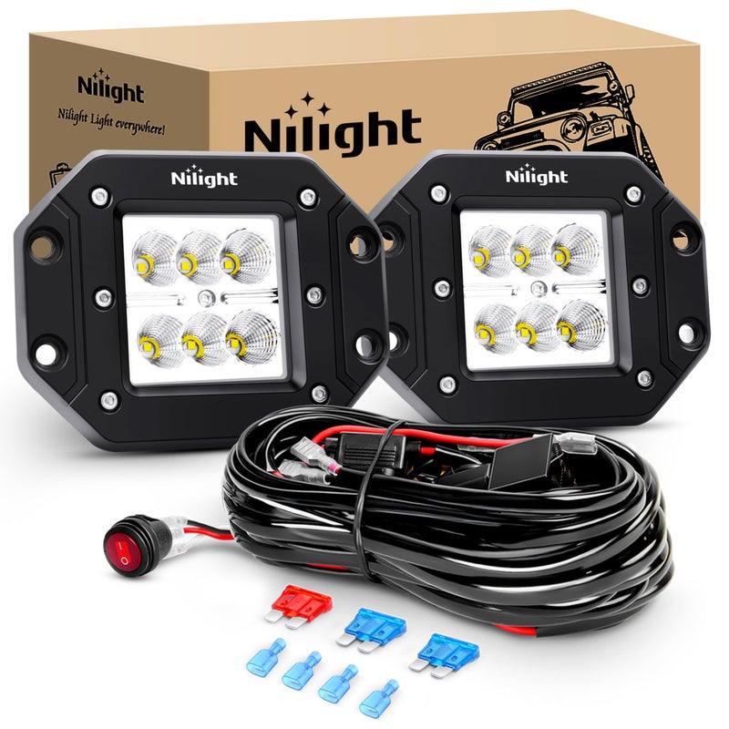 Nilight 2PCS 18W Flood Flush Mount LED Work Light Fog Lights Off Road Lights Driving Lights with Off Road Wiring Harness - Image 3