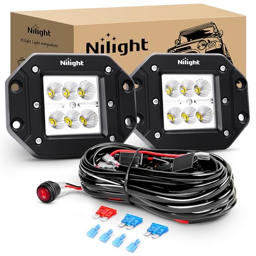 Nilight 2PCS 18W Flood Flush Mount LED Work Light Fog Lights Off Road Lights Driving Lights with Off Road Wiring Harness - Image 1