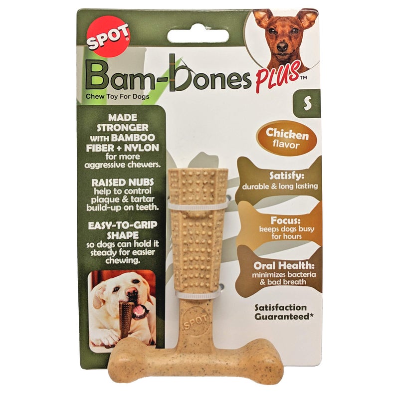 SPOT Bam-Bones Plus T-Bone, Bamboo Fiber & Nylon Dog Chew, Durable for Aggressive Chewers, Non-Splintering, for Adult Dogs & Teething Puppies Under 30lbs, 4in, Chicken Flavor - Image 1