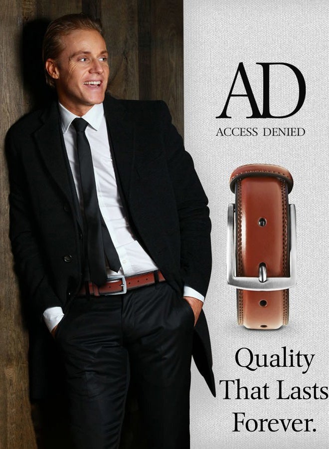 Access Denied Genuine Leather Dress Belts For Men - Mens Belt For Suits, Jeans, Uniform Brown Belt - Designed in the USA - Image 4