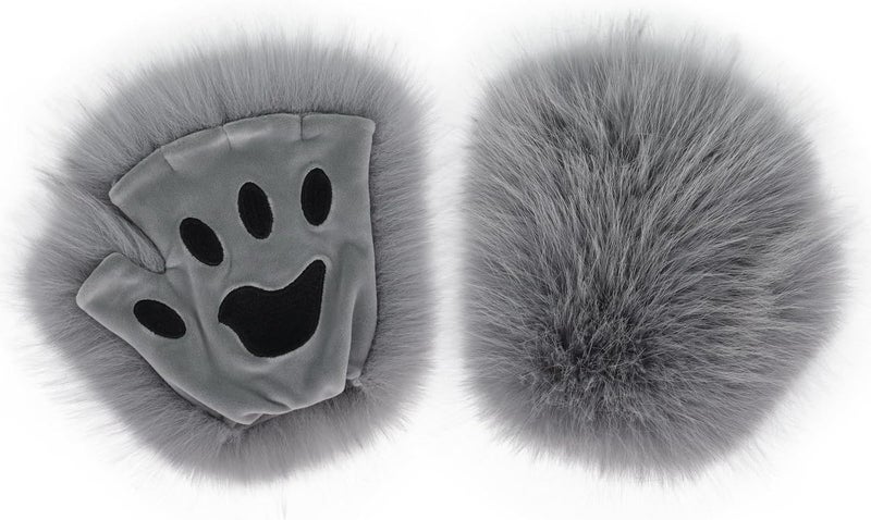 HAOAN Wolf Paw Gloves Faux Fur Cat Fingerless Mittens Winter Warm Cosplay Halloween Fancy Party Costume Accessories - Image 1