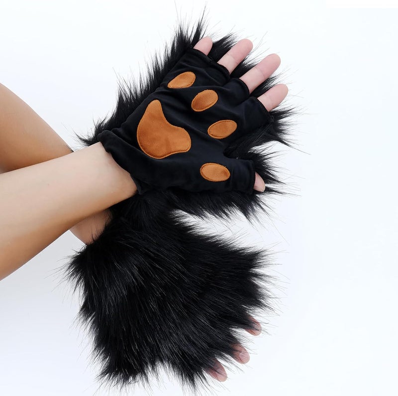 HAOAN Wolf Paw Gloves Faux Fur Cat Fingerless Mittens Winter Warm Cosplay Halloween Fancy Party Costume Accessories - Image 4