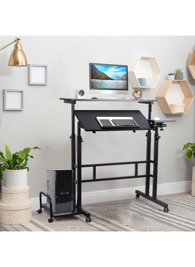 SKY-TOUCH مكتب متحرك قائم، قابل لتعديل الارتفاع للجلوس والوقوف، لابتوب كمبيوتر لوحي، مكتب منزلي مع عجلات لمحطة عمل الكمبيوتر، الأسود - Image 2
