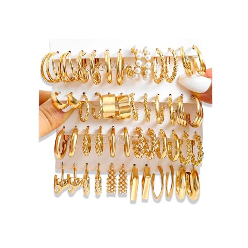 17IF 24 Pairs Gold Earring Set for Women, Chunky Earring Multipack Punk Trendy Big Small Stud Hoop Earring Lightweight Twisted Pearl Ear Pack For Daily Birthday Party - Image 1