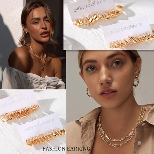 17IF 24 Pairs Gold Earring Set for Women, Chunky Earring Multipack Punk Trendy Big Small Stud Hoop Earring Lightweight Twisted Pearl Ear Pack For Daily Birthday Party - Image 3