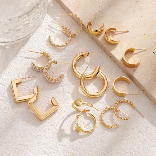 17IF 24 Pairs Gold Earring Set for Women, Chunky Earring Multipack Punk Trendy Big Small Stud Hoop Earring Lightweight Twisted Pearl Ear Pack For Daily Birthday Party - Image 4