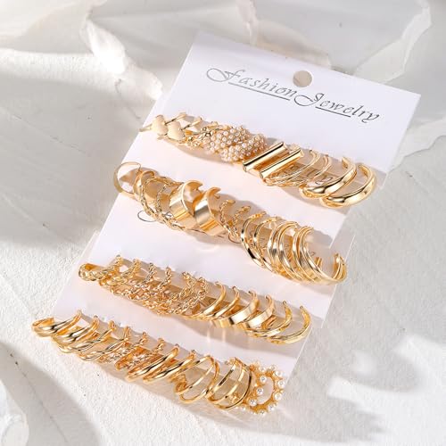 17IF 24 Pairs Gold Earring Set for Women, Chunky Earring Multipack Punk Trendy Big Small Stud Hoop Earring Lightweight Twisted Pearl Ear Pack For Daily Birthday Party - Image 2