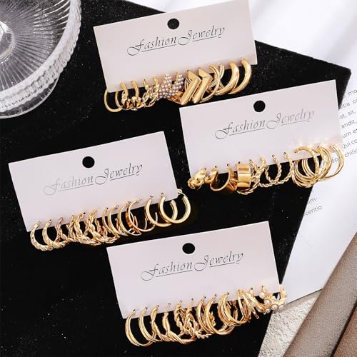17IF 24 Pairs Gold Earring Set for Women, Chunky Earring Multipack Punk Trendy Big Small Stud Hoop Earring Lightweight Twisted Pearl Ear Pack For Daily Birthday Party - Image 5