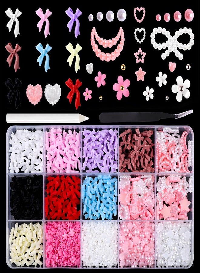 Lifextol 1000pc Pink Bow Nail Charms and Gems 3D Flower Nail Charms for Nails Design Press on Nails Art Charms, Resin Junk Case Charms Bulk Acrylic Pearl Nail Charms Heart for Fake Nails Supplies-D - Image 1
