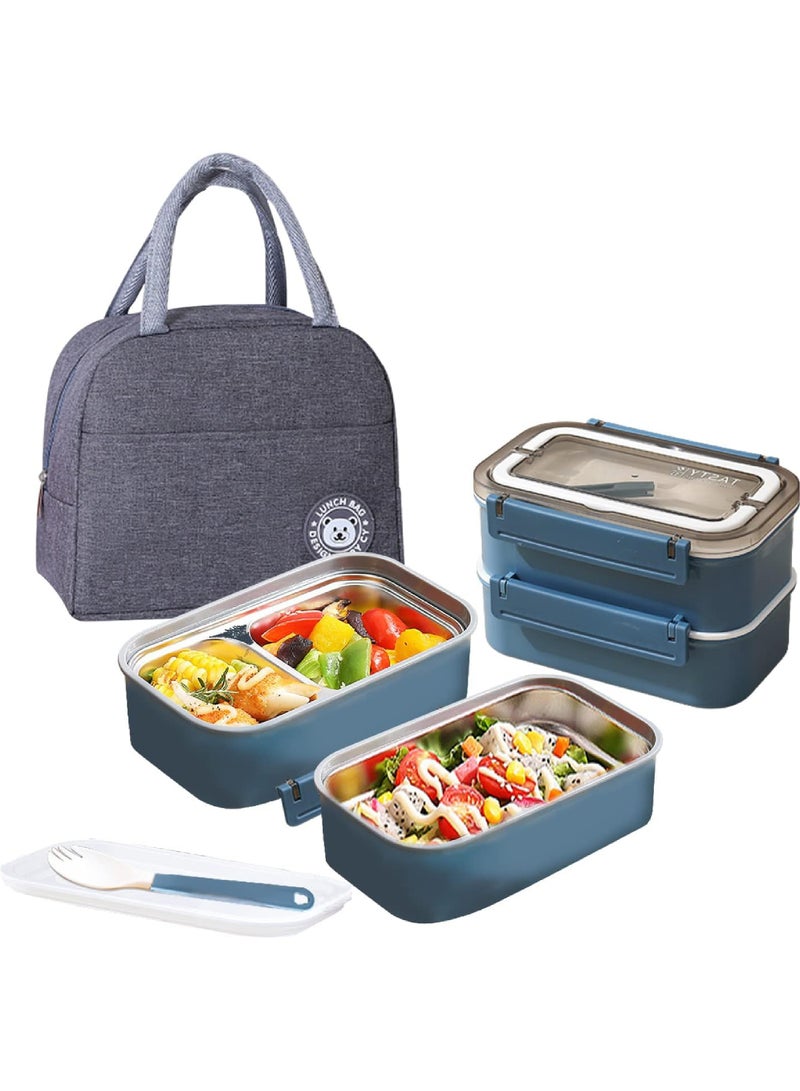 Rock Pow Stainless Steel Lunch Box - Insulated Bento Box Multifunctional Containers Food Containers with 2 Compartments,Tableware, Nylon insulation bag (1.6L Blue)  - Image 1