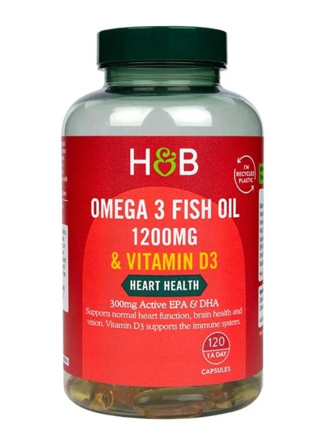 H&B H&B Omega 3 Fish Oil 1200mg Plus 1000 I.U Vitamin D3 Capsules For Heart Health, Pack of 120's 