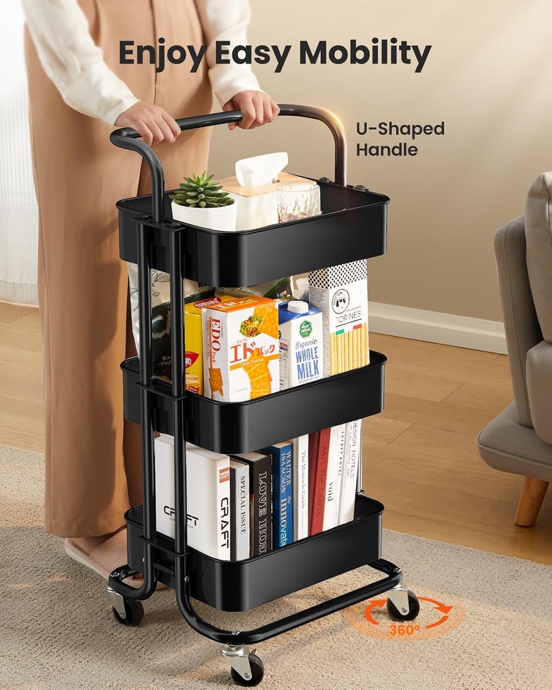 Pipishell 3 Tier Mesh Rolling Utility Cart with Handle and Lockable Wheels, Black - Image 3